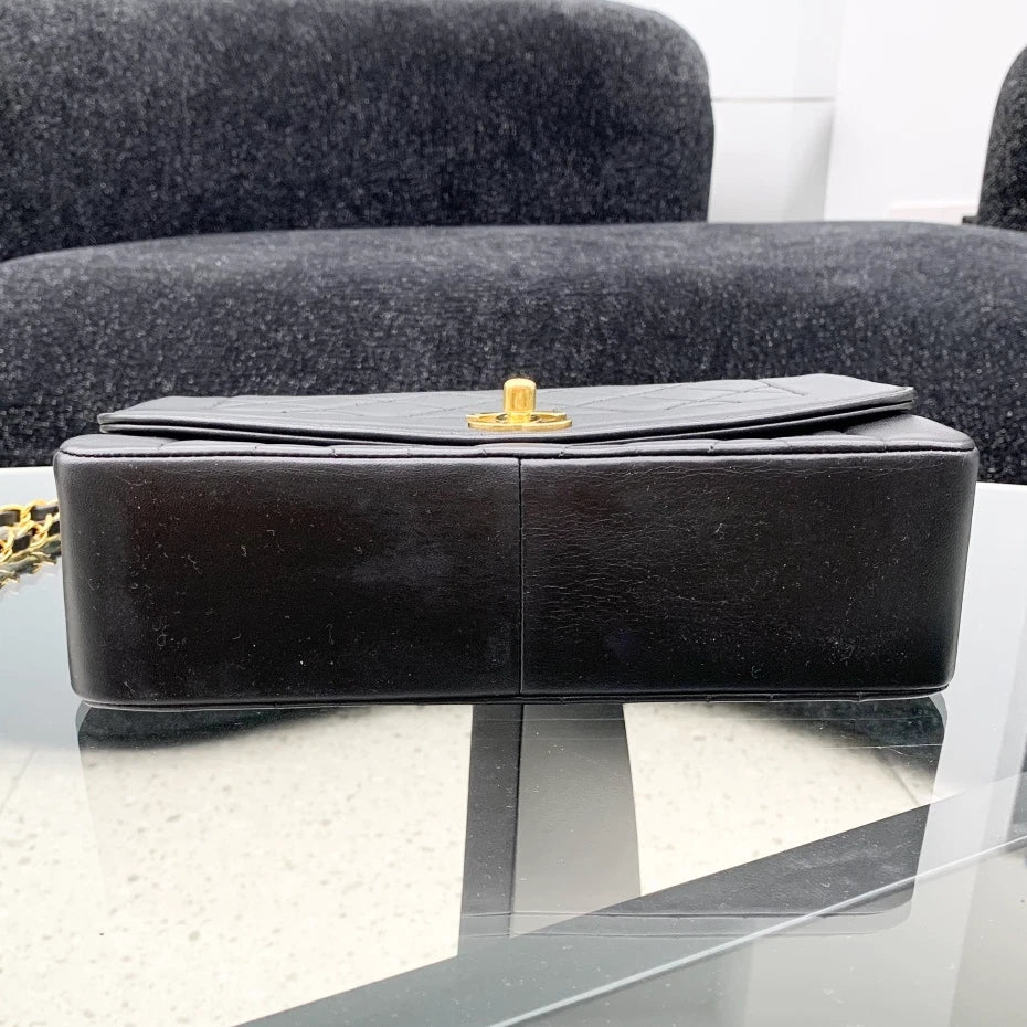 Chanel Classic Flap Lambskin Chain Shoulder Bag Black Gold Women Vintage S