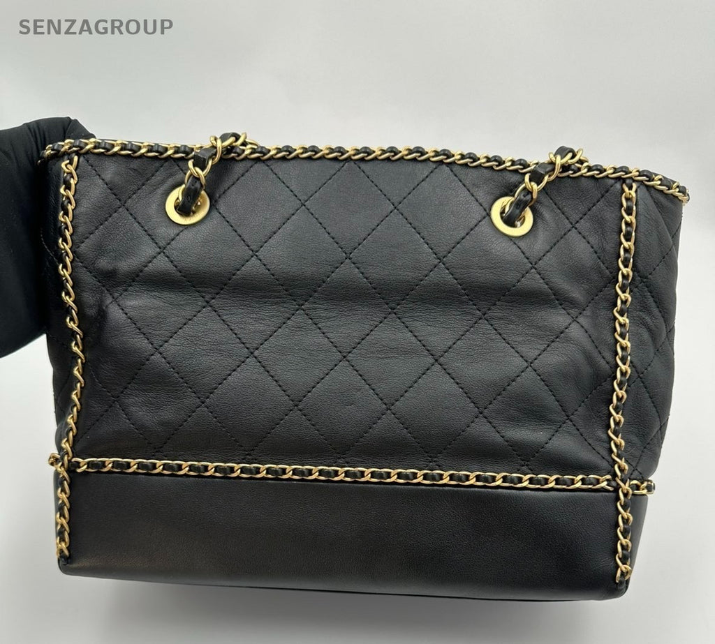 Chanel Diamond Calfskin Tote Chain Shoulder Bag Black Gold Women Classic