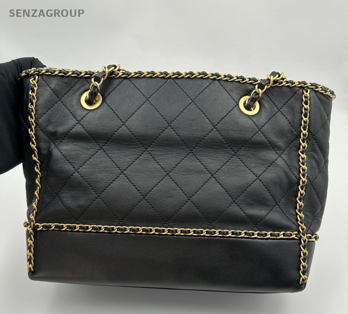Chanel Diamond Calfskin Tote Chain Shoulder Bag Black Gold Women Classic