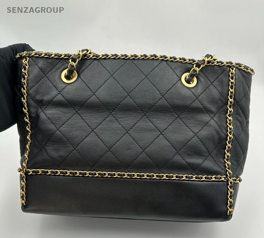 Chanel Diamond Calfskin Tote Chain Shoulder Bag Black Gold Women Classic