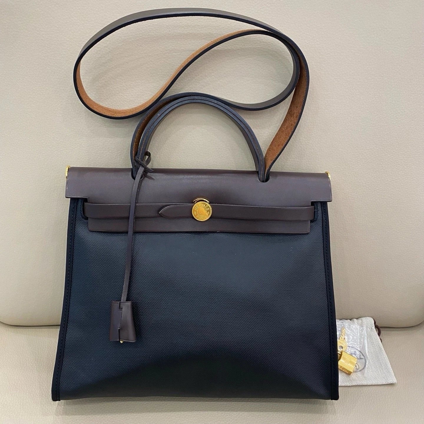 Hermes Herbag31 Women Canvas Tote Handbag Black Brown
