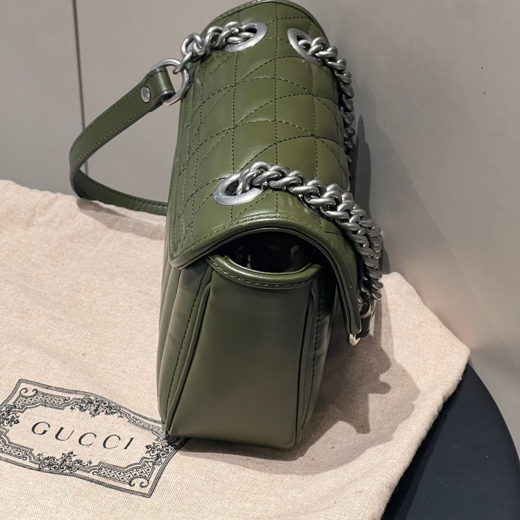 Gucci Marmont22 Chain Calfskin Shoulder Bag Crossbody Green Silver Women Classic