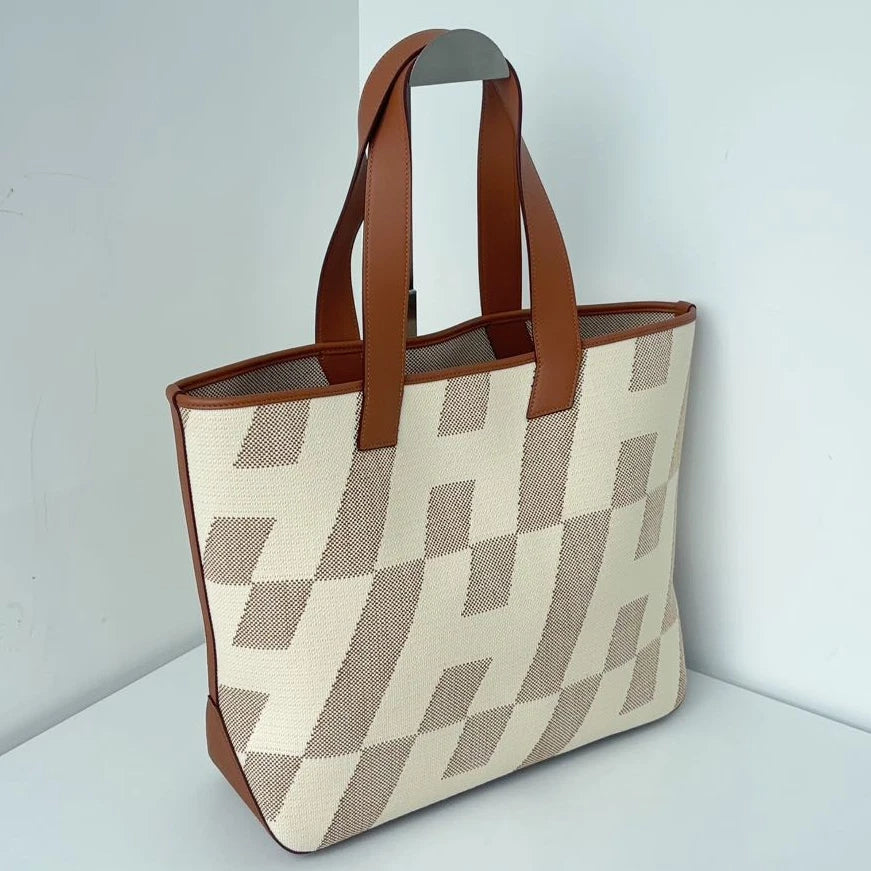 Excellent Hermes Cabas H En Biais Canvas Brown White Tote Handbag Shoulder Bag
