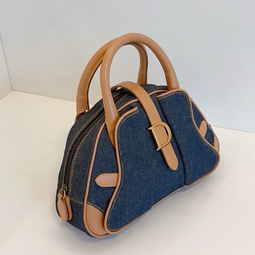 Christian Dior Denim Bowling Bag Top Handle Bag Blue Brown Women Fashion