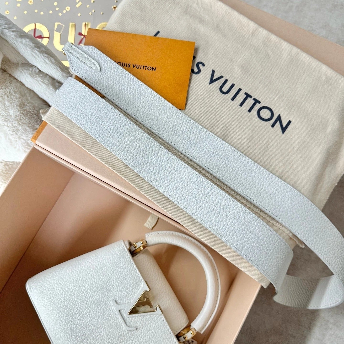 New Louis Vuitton Calfskin Capucines Mini Bag For Women White Gold
