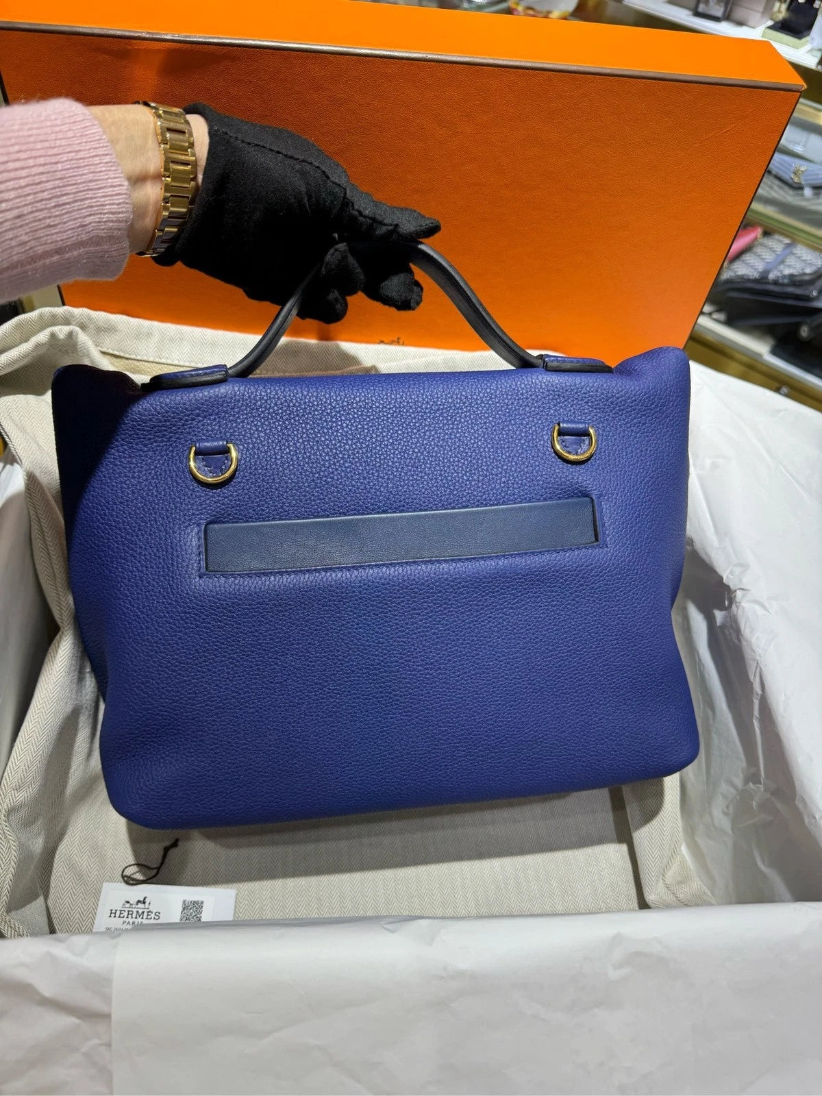 Hermes 2424 Small Blue Beige Leather Top Handle Bag For Women
