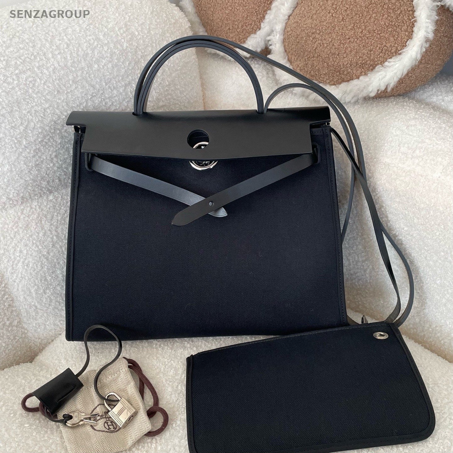 Hermes Herbag31 Canvas Top Handle Bag Crossbody Black Silver Women Classic