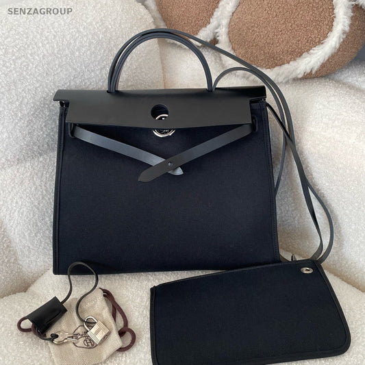 Hermes Herbag31 Canvas Top Handle Bag Crossbody Black Silver Women Classic