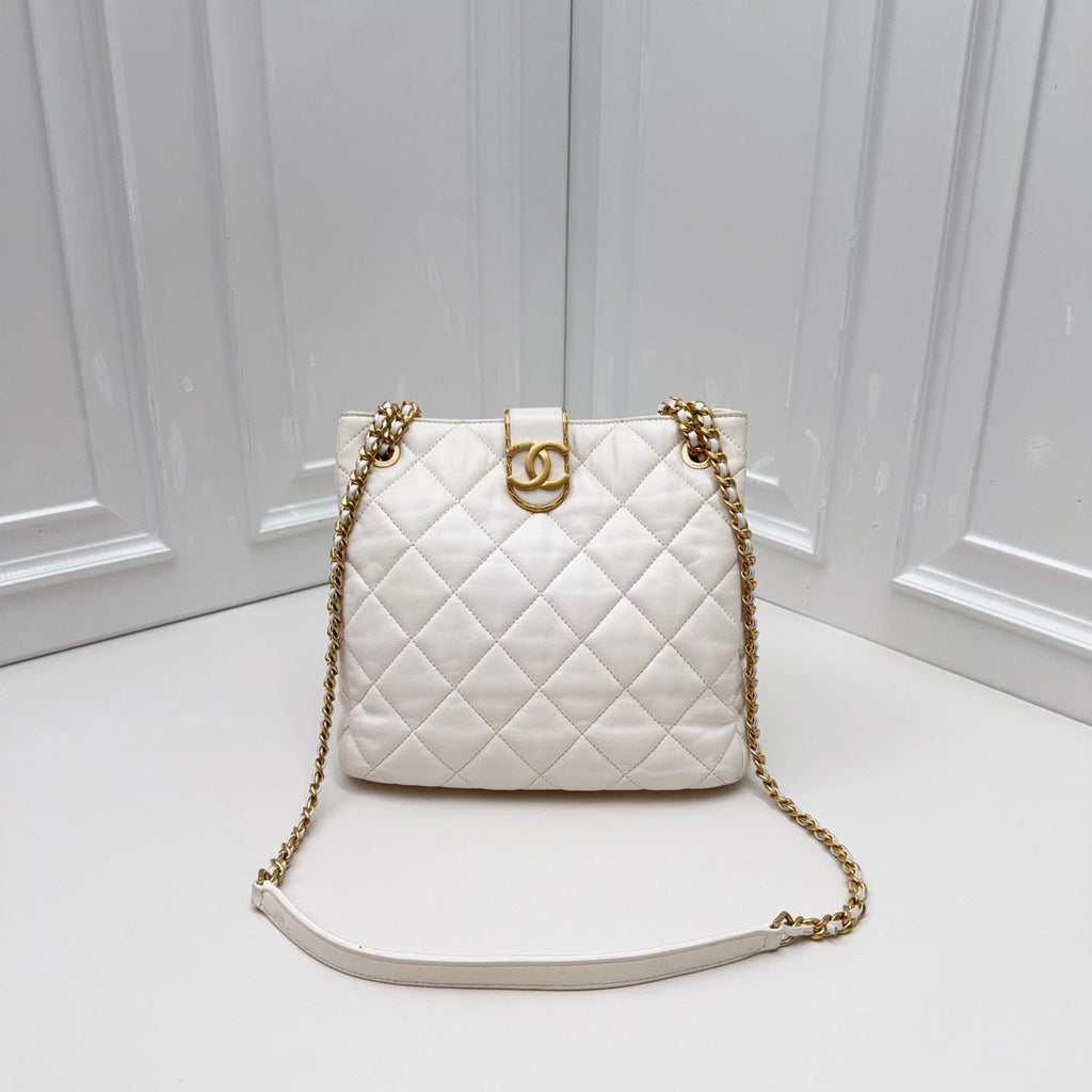 Chanel Quilted Lambskin Small Bucket Bag Shoulder Bag White with Enamel CC Logo