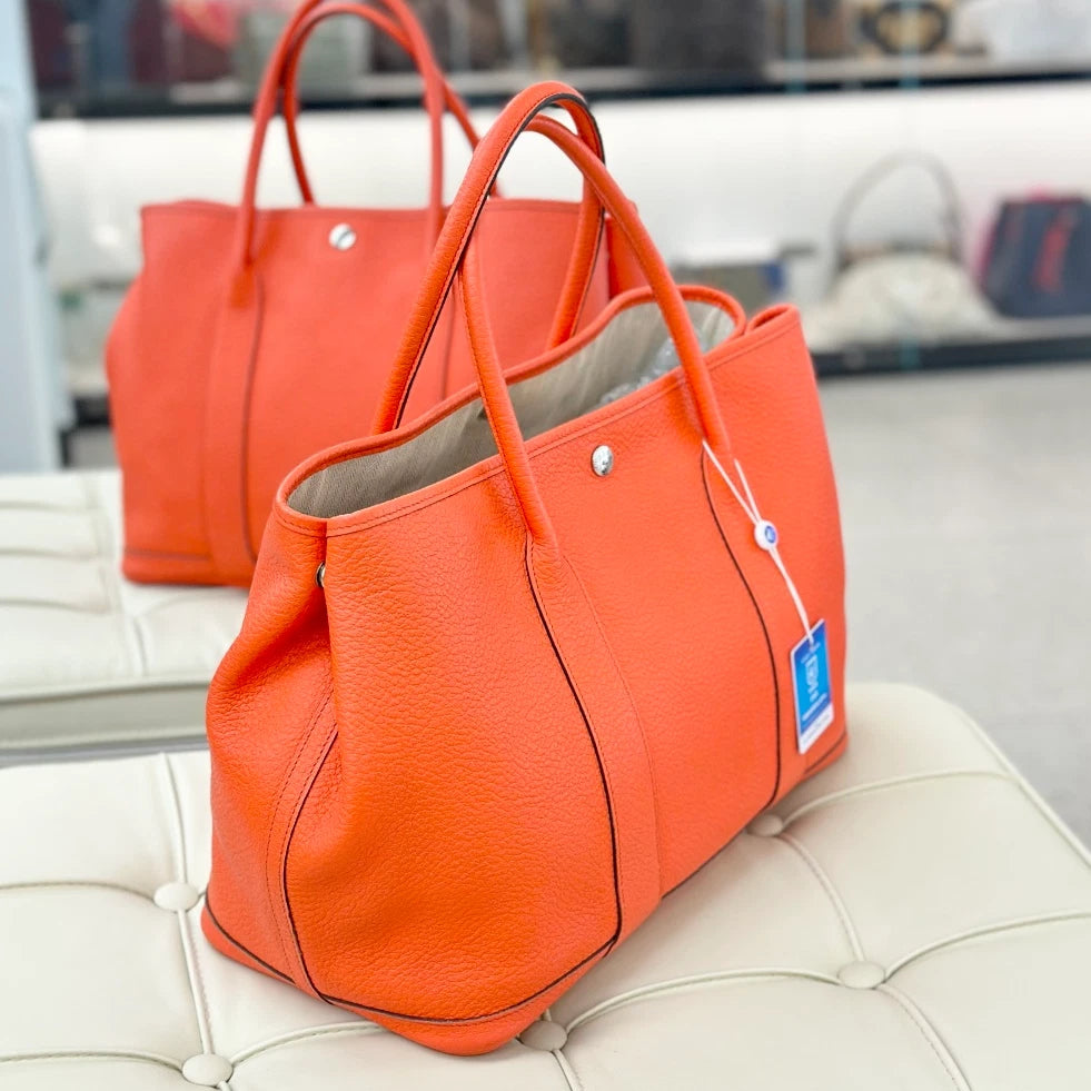 Hermes Garden Party 36 Tote Calfskin Top Handle Bag Orange Women S