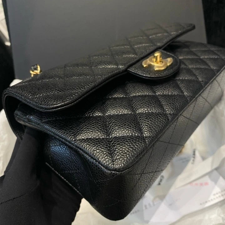 Chanel Classic Flap PM Calfskin Shoulder Crossbody Bag Black Gold Women D