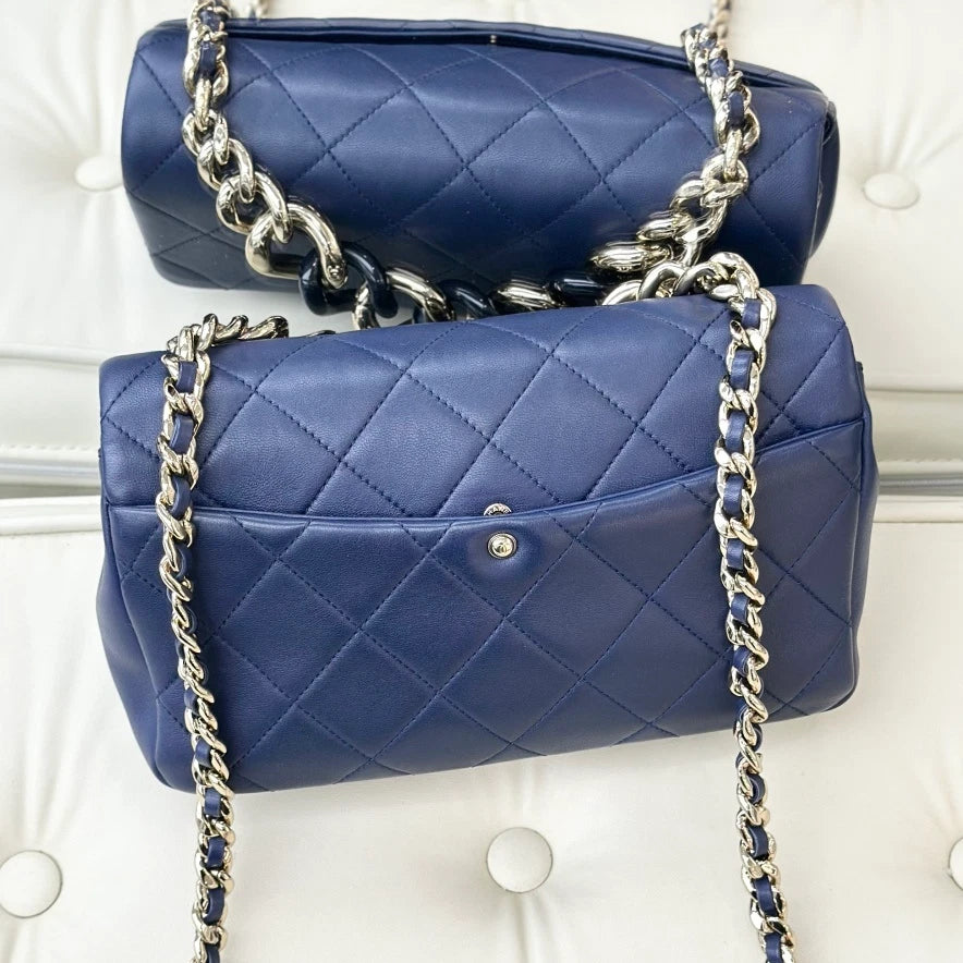 Chanel Calfskin Chain 2Ways Top Handle Bag Crossbody Navy Gold Women Classic S