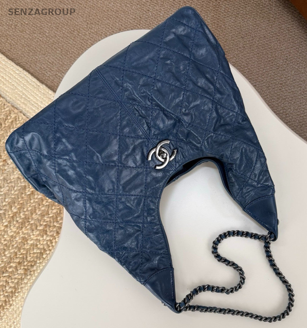 Chanel Diamond Hobo Chain Shoulder Bag Blue Silver Women Classic
