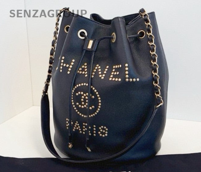 Chanel Calfskin Bucket Chain Shoulder Bag Crossbody Black Gold Women Classic
