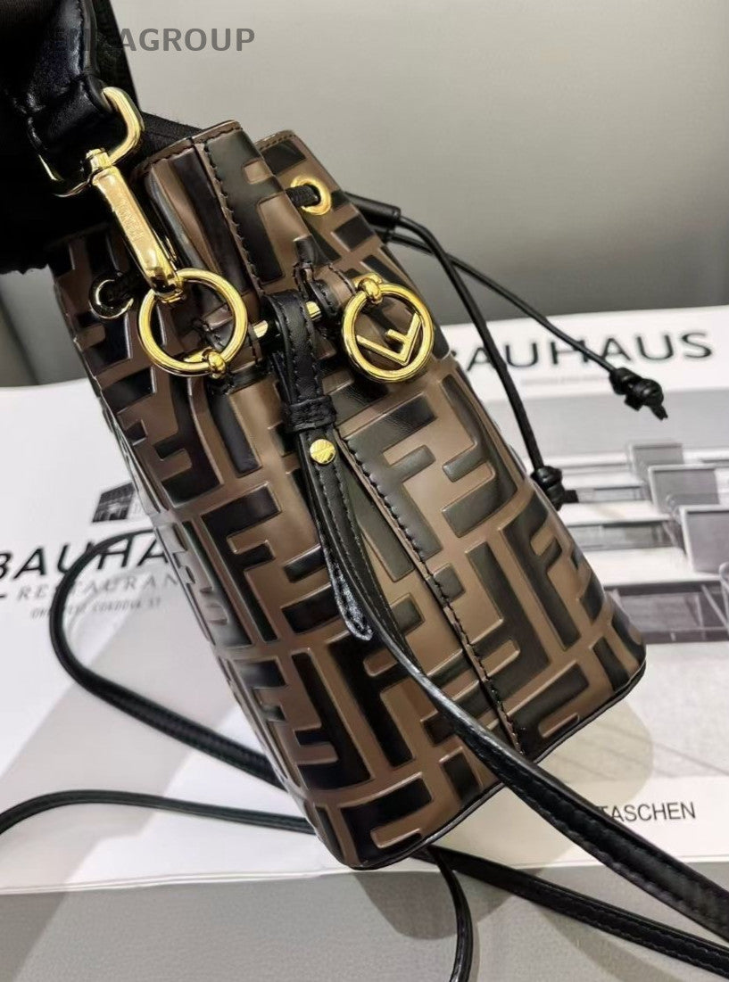FENDI Mon Tresor Leather Monogram Mini Bucket Bag Shoulder Bag Women Brown