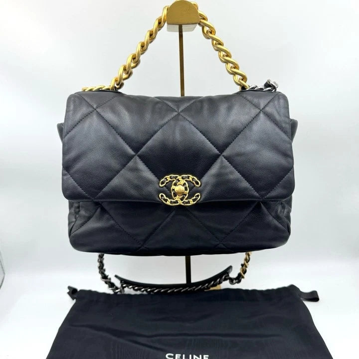 CHANEL19Bag Medium Black Gold Shoulder Bag For Women