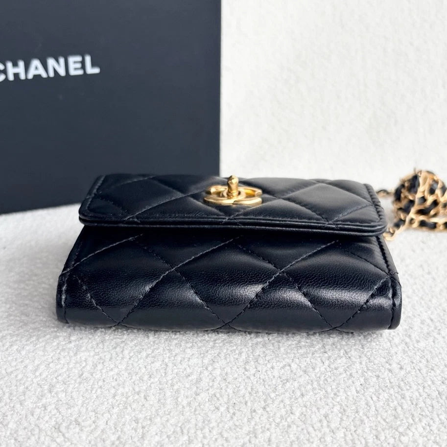 Chanel WOC Mini Chain Lambskin Crossbody Black Gold Women Classic