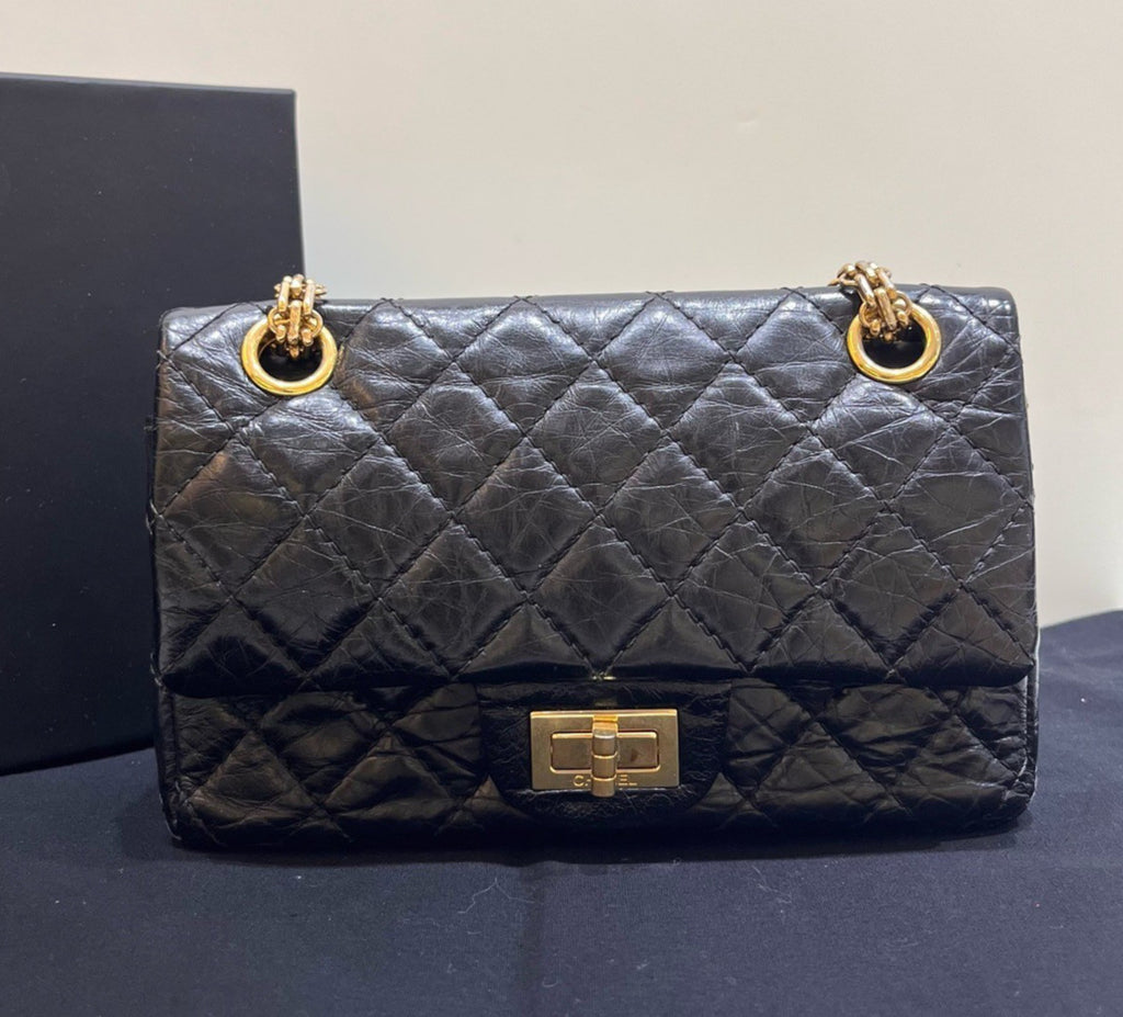 Chanel Calfskin 2.55 Mini Chain Shoulder Bag Black Gold Women Classic Diamond