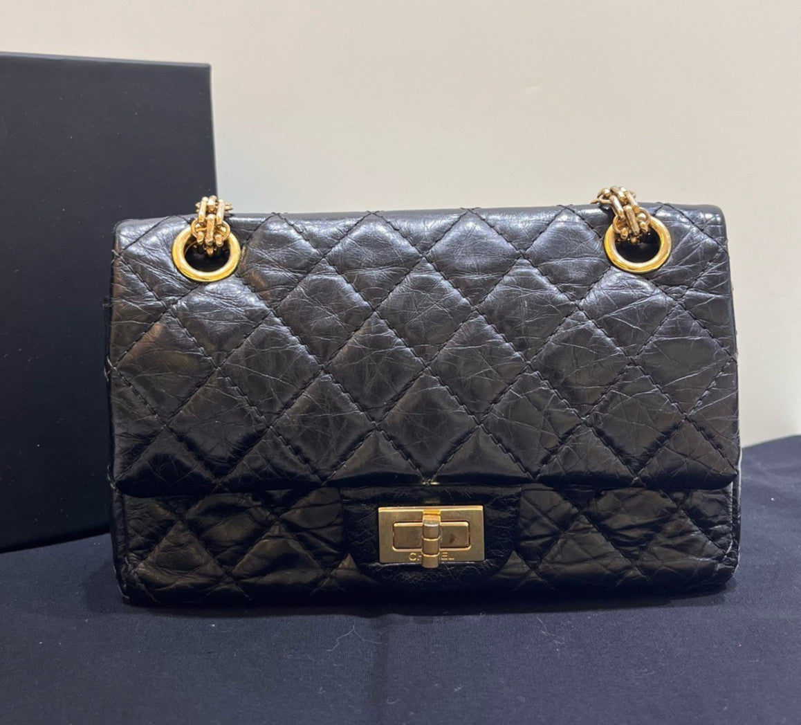 Chanel Calfskin 2.55 Mini Chain Shoulder Bag Black Gold Women Classic Diamond
