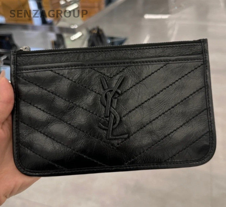 YSL Saint Laurent Niki Waxed Leather Clutch Bag Women Black