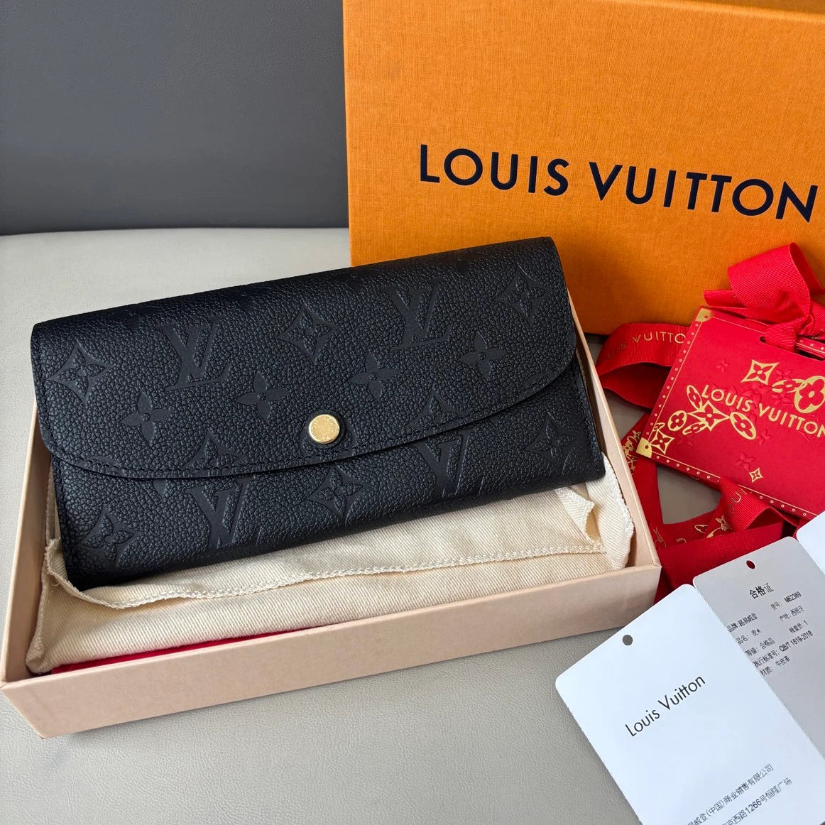 Excellent Louis Vuitton Emilie Wallet Calfskin Long Wallet Black Gold Hardware