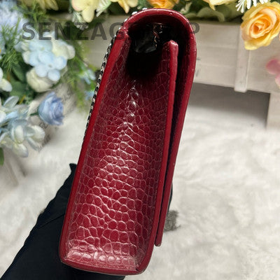 Saint Laurent Crocodile Embossed Fringe Bag Red Silver Chain Crossbody