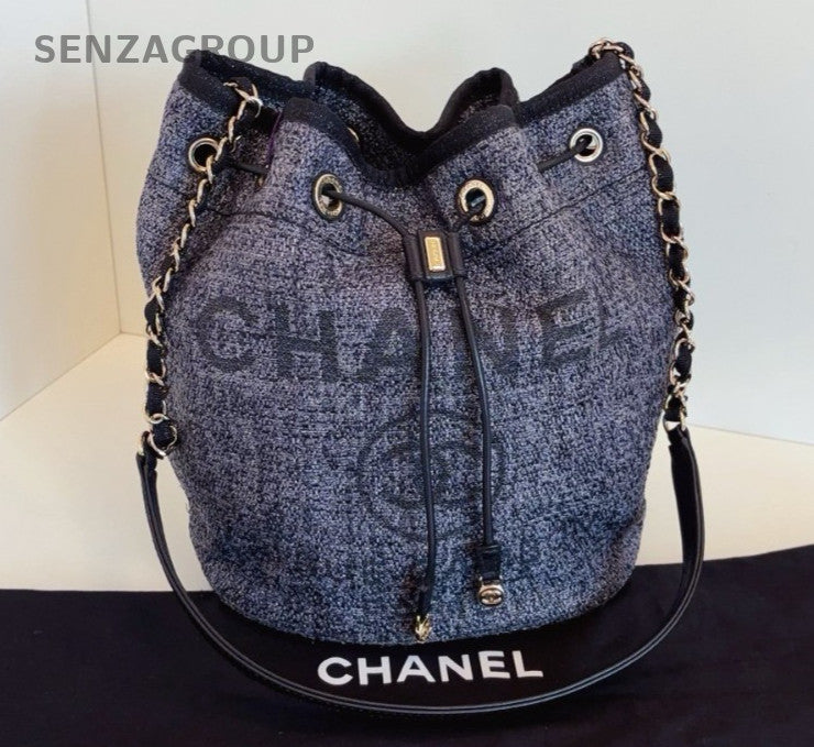 Chanel Beach Drawstring Bucket Chain Shoulder Bag Crossbody Gray Black Women