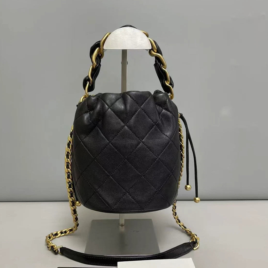 Chanel Diamond Chain Bucket Top Handle Crossbody Black Gold Women Classic