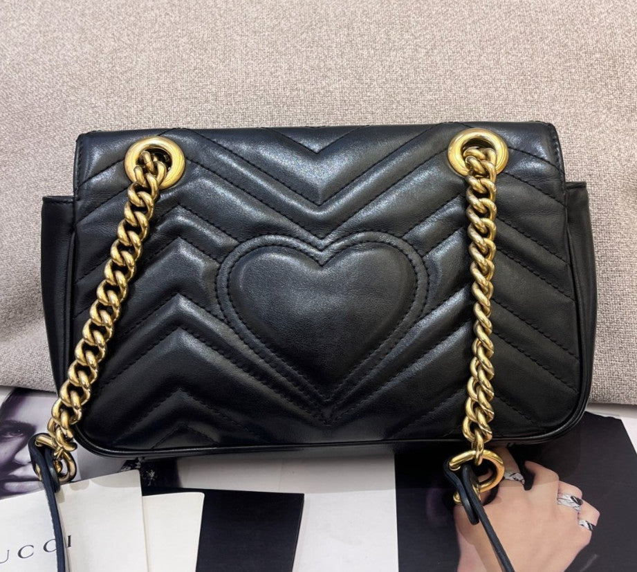 Gucci Marmont22 PM Chain Shoulder Bag Crossbody Black Gold Women Classic