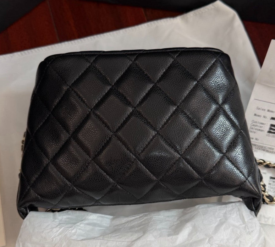 Chanel Calfskin Hobo Chain Crossbody Top Handle Bag Black Gold Women Classic
