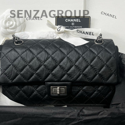 Chanel 2.55 Small Black Silver Chain Shoulder Bag Quilted Pattern