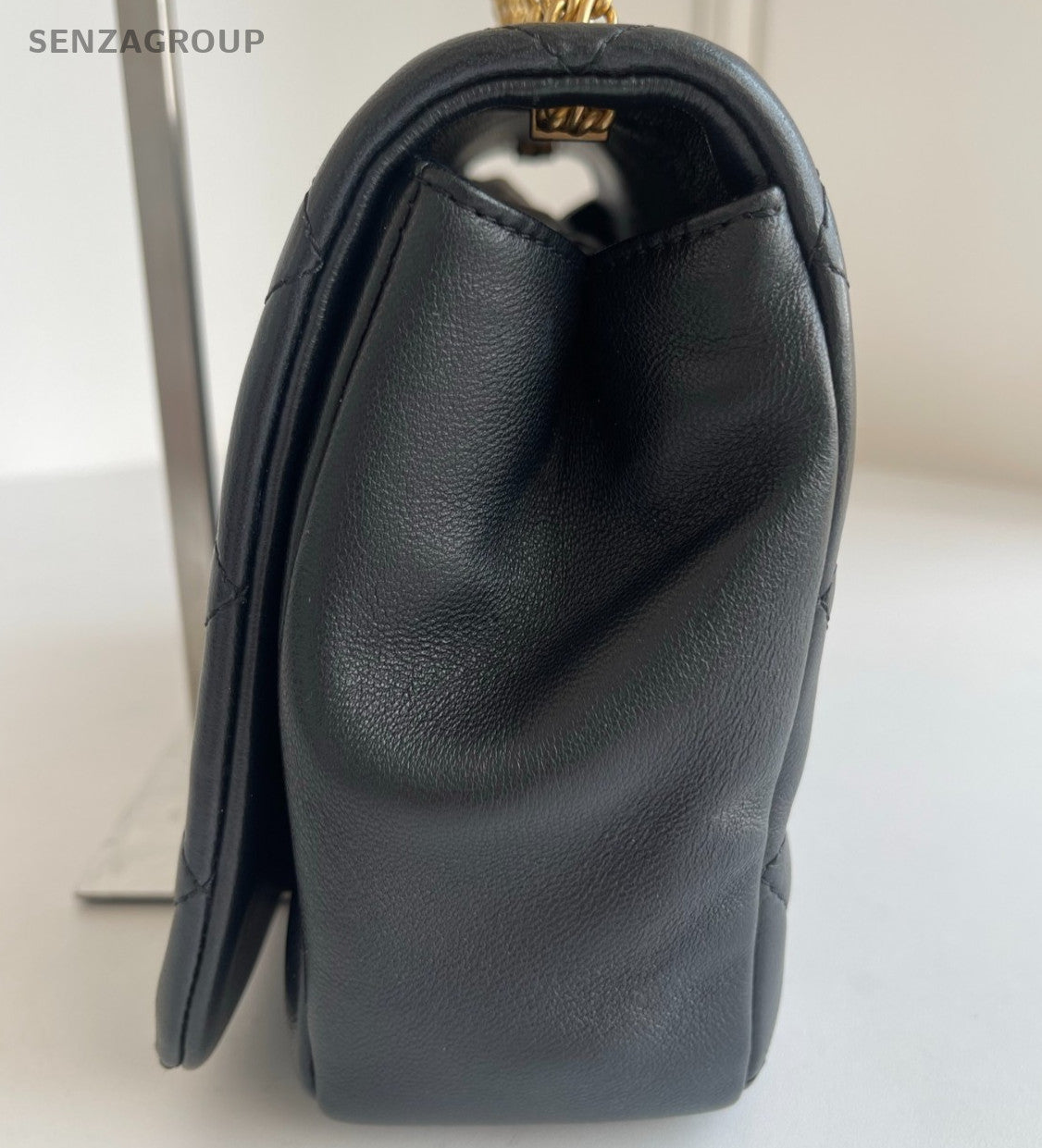 Chanel 22A Diamond Calfskin Chain Shoulder Bag Black Gold Women Classic