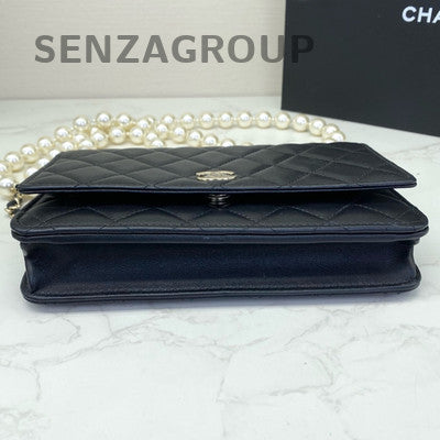 Chanel Quilted Black Silver Lambskin WOC Pearl Chain Crossbody Bag