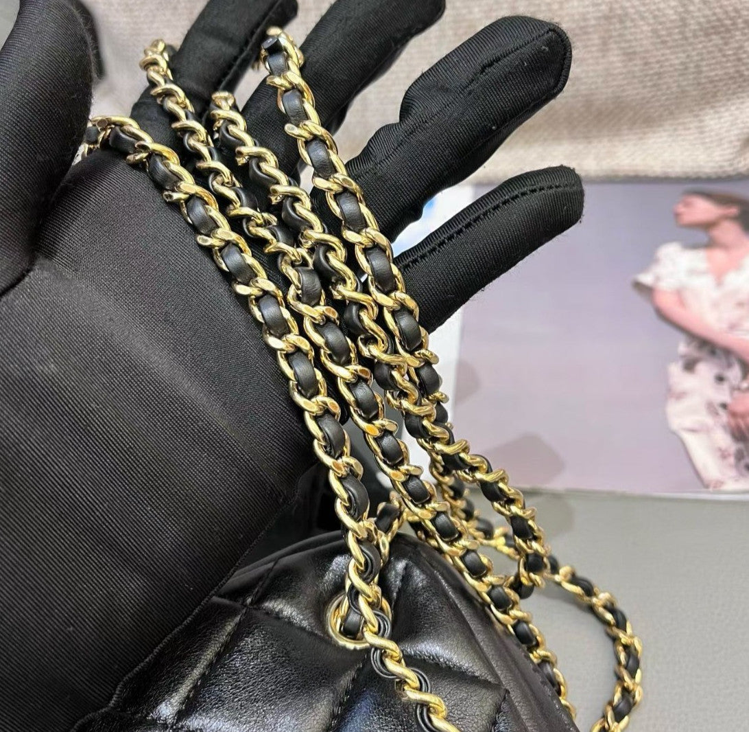 Chanel Diamond PM Camera Case Chain Shoulder Bag Black Gold Women Classic