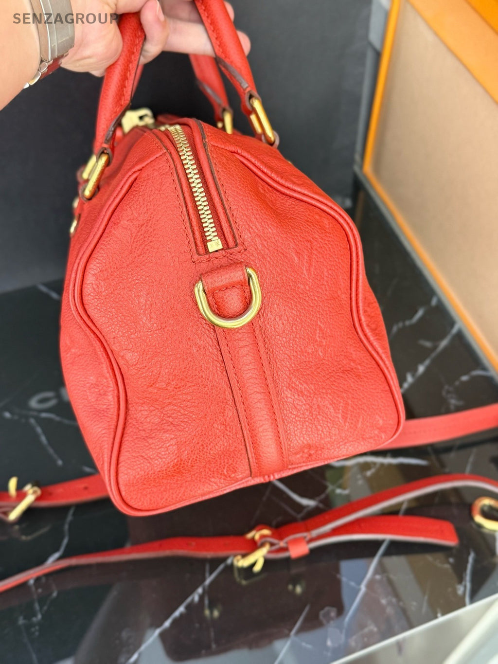 Louis Vuitton Speedy30 Monogram Empreinte 2way Shoulder Handbag Red Gold Women