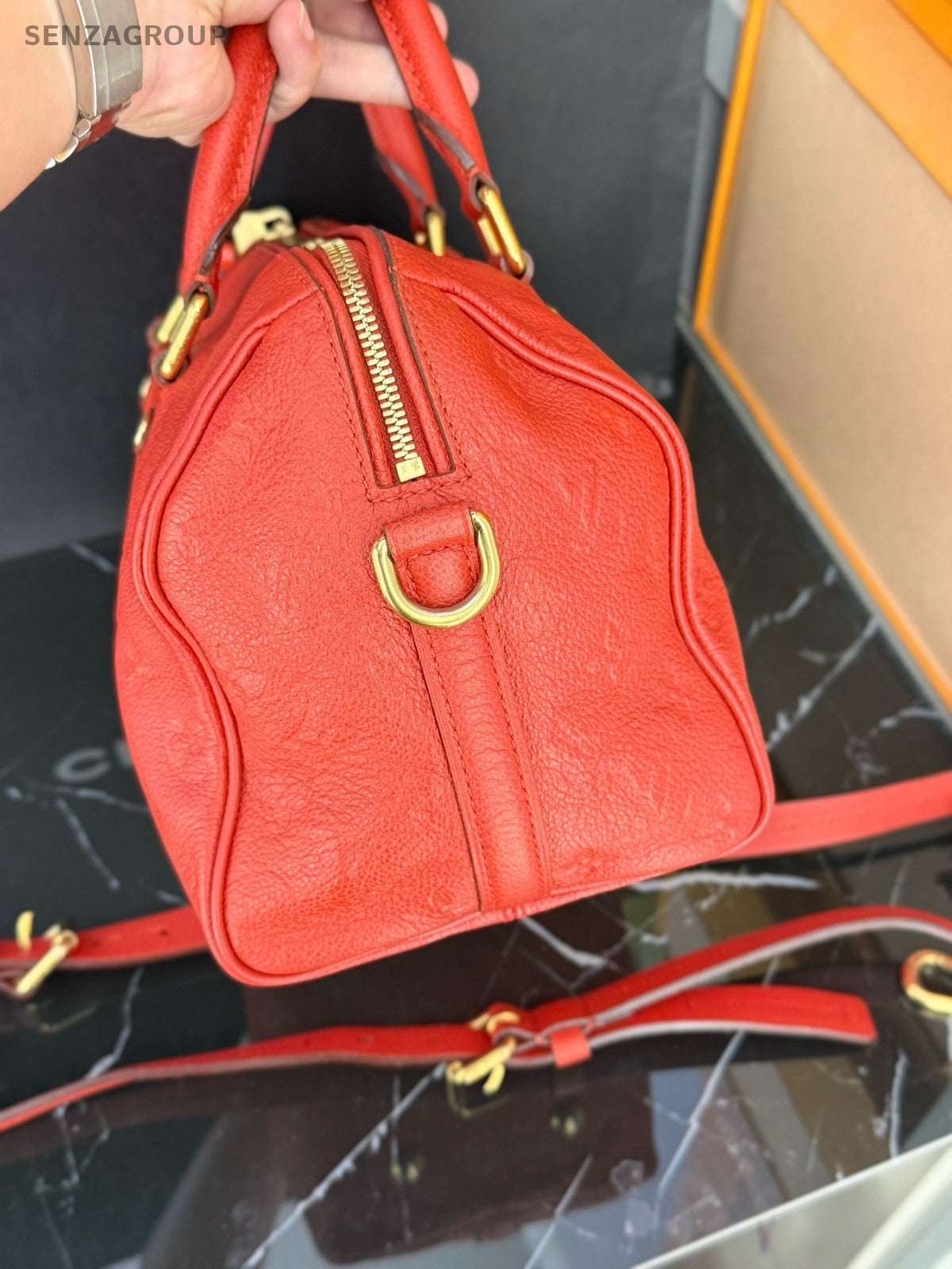 Louis Vuitton Speedy30 Monogram Empreinte 2way Shoulder Handbag Red Gold Women