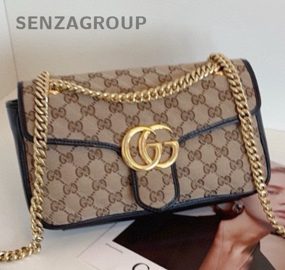 Gucci Marmont Canvas Chain Shoulder Bag Crossbody Brown Gold Women Classic