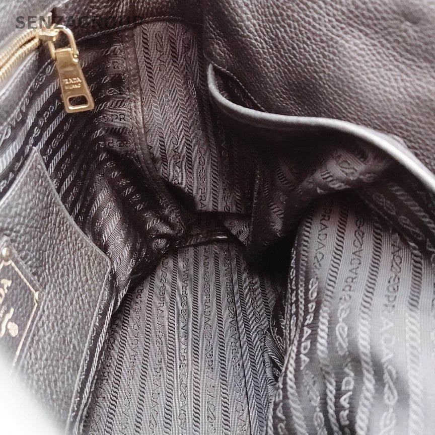 Prada Calfskin 2Way Handbag Crossbody Black Gold Used Women Classic Fashion