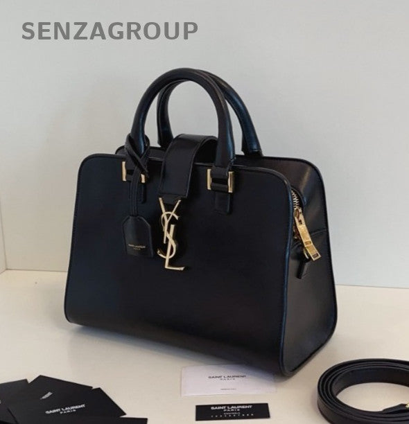 YSL Saint Laurent Cabas PM Boston Top Handle 2way Shoulder Handbag Black Gold