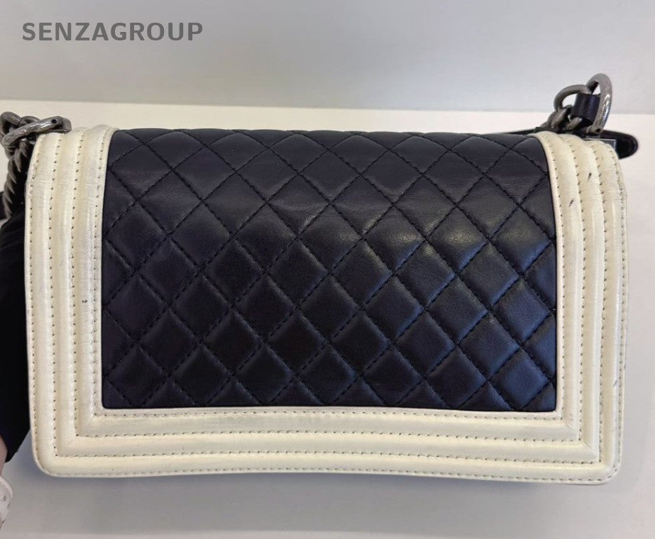 Chanel Leboy MM Lambskin Chain Shoulder Bag Black White Silver Women Classic