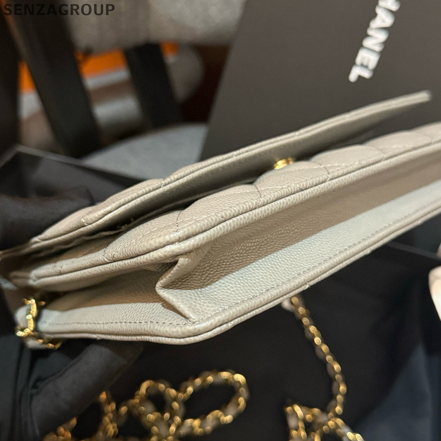 Chanel WOC Calfskin Chain Shoulder Crossbody Bag Grey Gold Classic Fashion