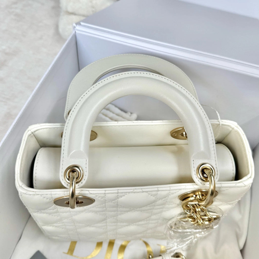 Dior White Leather 4-Grid Lady Dior Top Handle Bag For Women