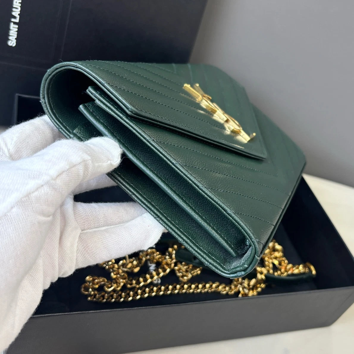 Saint Laurent Kate Chain Shoulder Crossbody Bag Green Gold Hardware Women