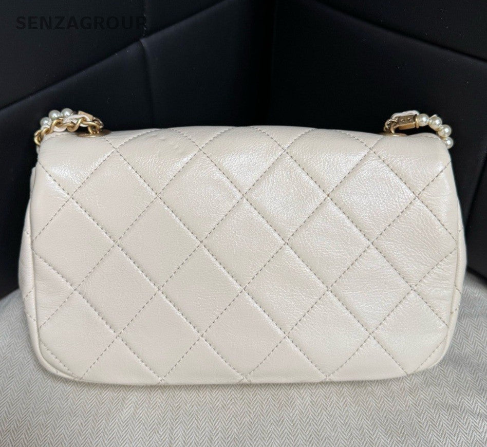 Chanel Classic Flap Mini Calfskin Pearl Chain Shoulder Bag White Gold Women