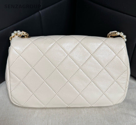Chanel Classic Flap Mini Calfskin Pearl Chain Shoulder Bag White Gold Women