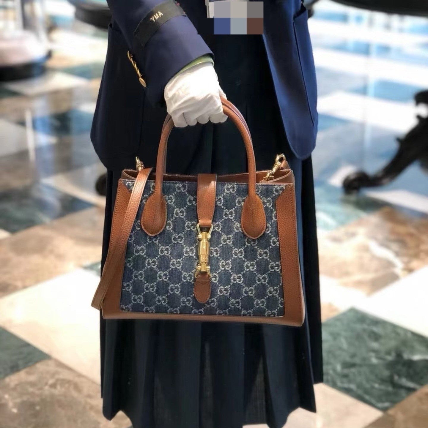 Gucci Jackie 1961 Denim Tote Top Handle Shoulder Crossbody Bag Blue Women
