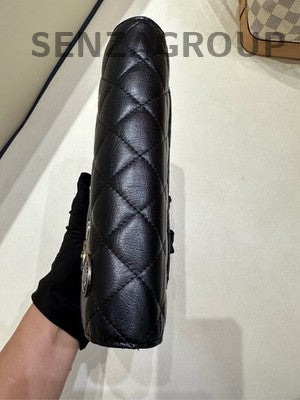 Chanel Badge WOC Black Silver Calfskin Chain Crossbody Bag Women