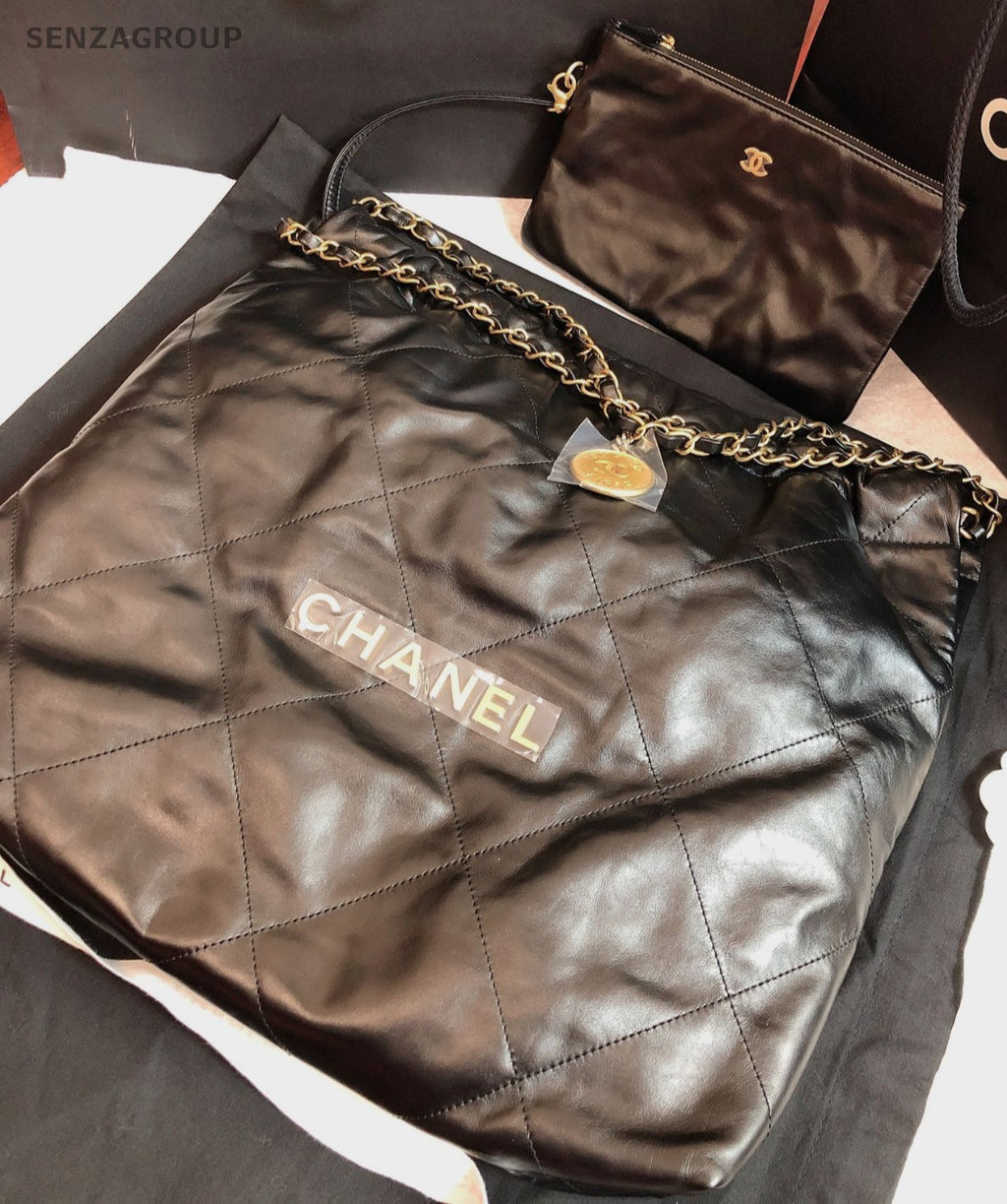 Chanel 22Bag MM Chain Shoulder Bag Diamond Black Gold Women Classic Designer