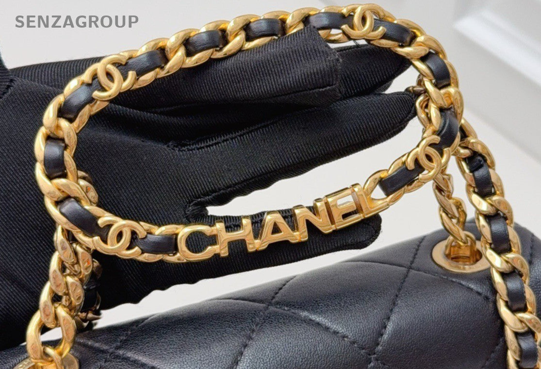 Chanel PM Chain Shoulder Bag Crossbody Black Gold Women Classic