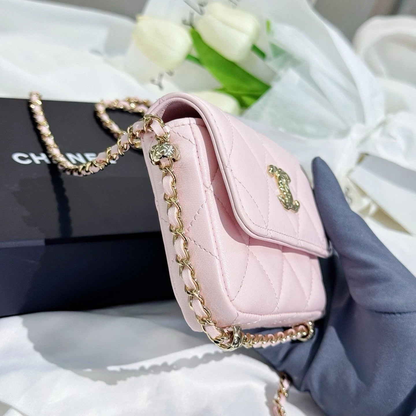 CHANEL Pink Leather Mini Chain Crossbody Bag For Women